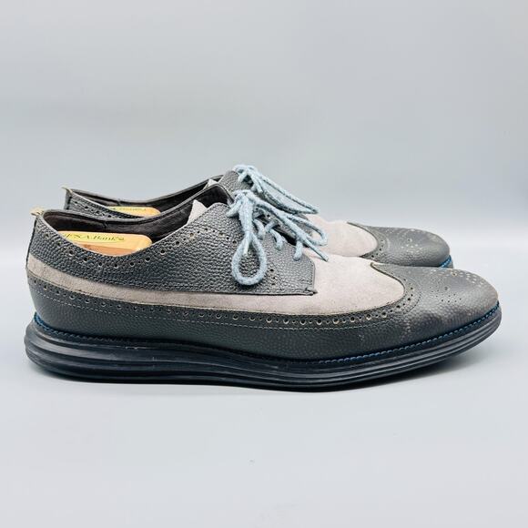Cole Haan Shoes Mens 12 Gray Suede Leather Grand OS Wingtip Derby Oxford Dress - Picture 1 of 13